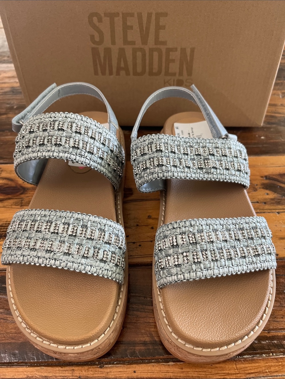 Steve Madden Kids Girls Silver Woven Double-Strap Sandals
